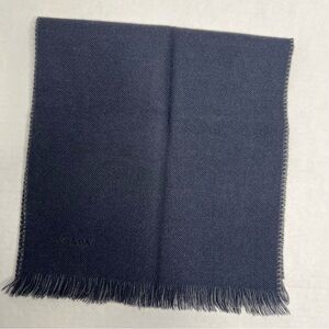 PRADA Virgin Wool Knit Navy Blue & Gray Scarf with Logo and Fringe Accents